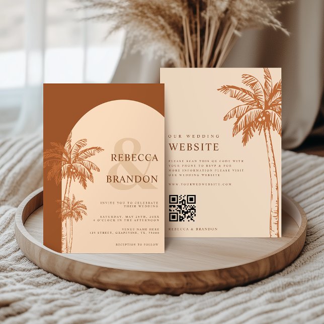 Palm Tree Boho Beach Terracotta QR Code Wedding Invitation (Creator Uploaded)