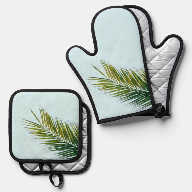 Palm tree branch oven mitt & pot holder set (Front/Back)