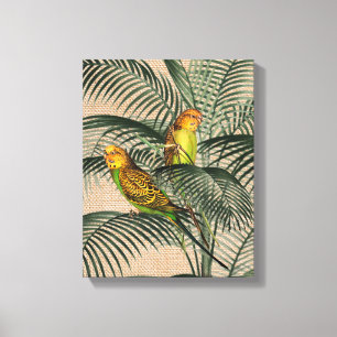 Palm Tree Budgerigar Parrot Rustic Hessian Canvas 