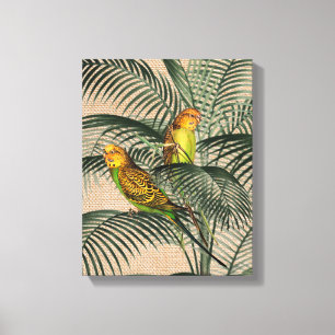 Palm Tree Budgerigar Parrot Rustic Hessian Canvas  Print