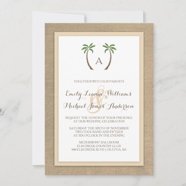 Palm Tree Burlap Beach Tropical Wedding Invitation (Front)