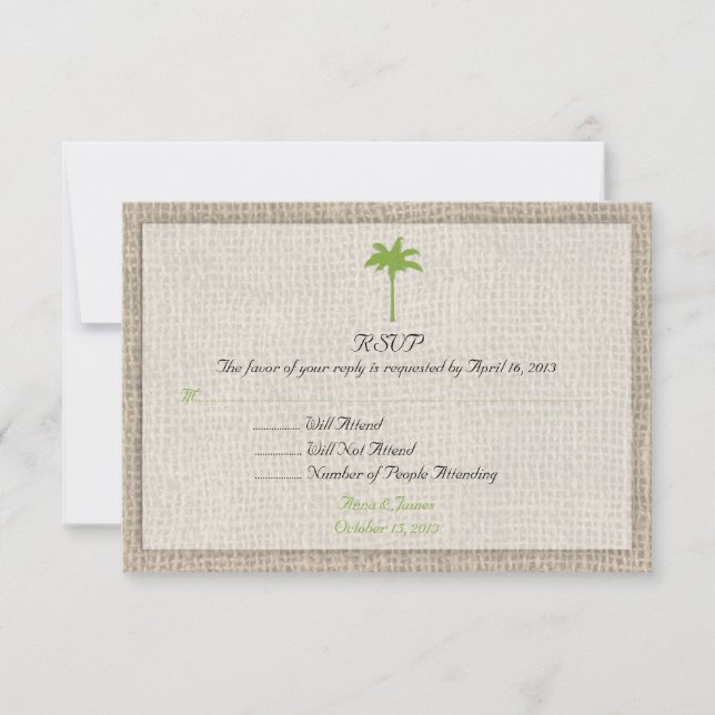 Palm Tree & Burlap Beach Wedding RSVP3 RSVP Card (Front)