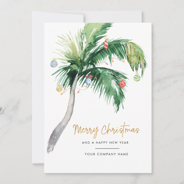 Palm Tree Business Logo Merry Christmas Greetings Holiday Card (Front)