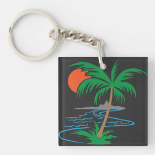 Palm Tree by the River   Tropical Sunset Art Key Ring