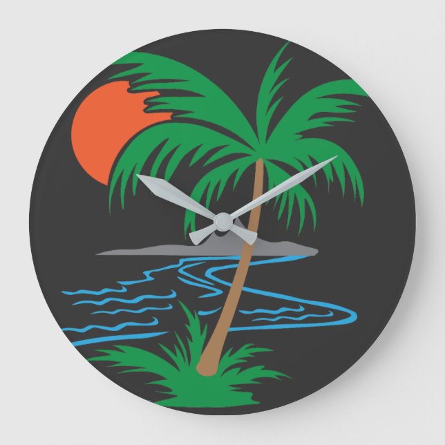 Palm Tree by the River | Tropical Sunset Art Large Clock (Front)