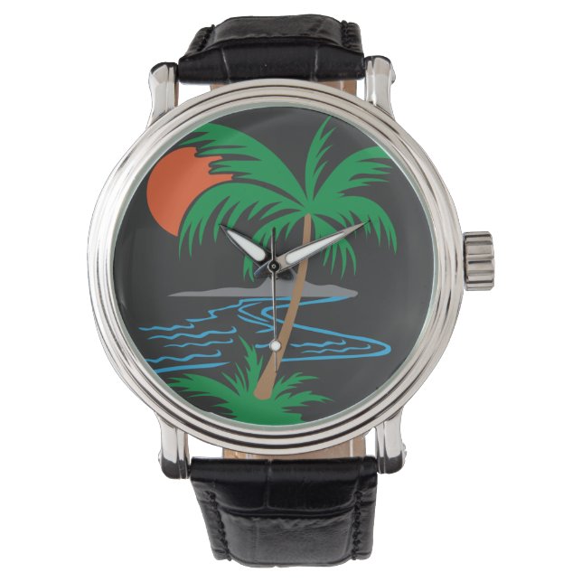 Palm Tree by the River | Tropical Sunset Art Watch (Front)