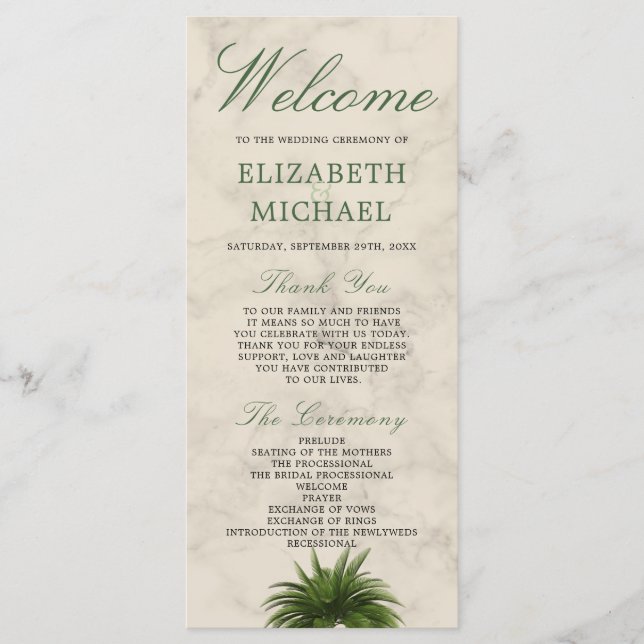 Palm Tree Champagne Cream Elegant  Chic Wedding Menu (Front)