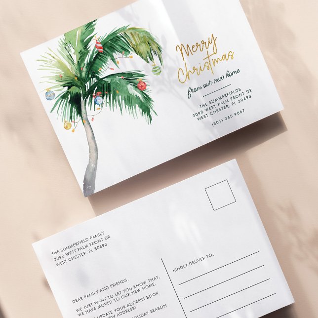 Palm Tree Coastal Christmas Holiday Moving Announcement Postcard (Coastal Palm Tree Holidays Moving Announcement Postcard)