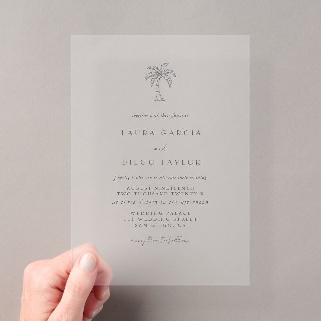 Palm Tree Coastal Elegant Script  Acrylic Invitations (Insitu (Handheld))