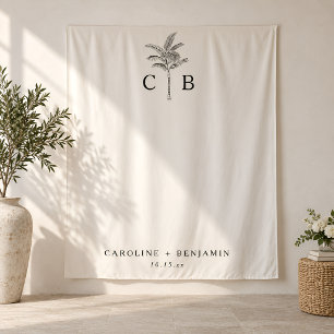 Palm Tree Coastal Wedding Monogram Photo Backdrop Tapestry