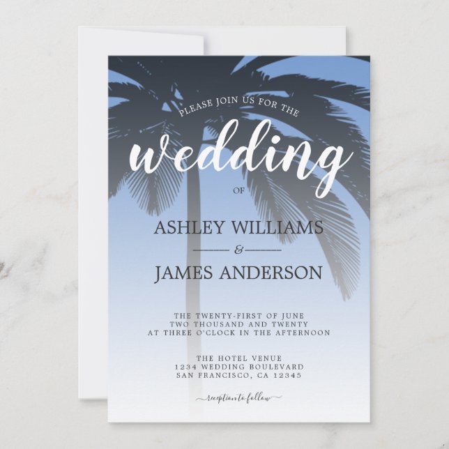 Palm Tree Cornflower Blue Beach Wedding Invitation (Front)