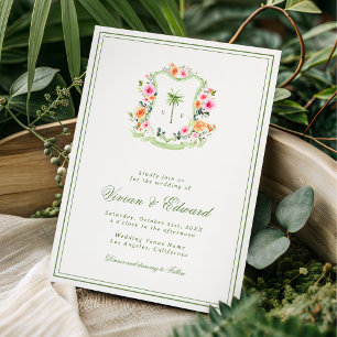 Palm Tree Crest Monogram Tropical Beach Wedding Invitation