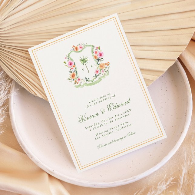 Palm Tree Crest Monogram Tropical Beach Wedding Invitation (Creator Uploaded)