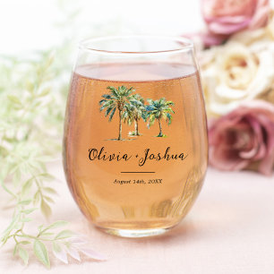 Palm Tree Destination Wedding Favour Stemless Wine Glass