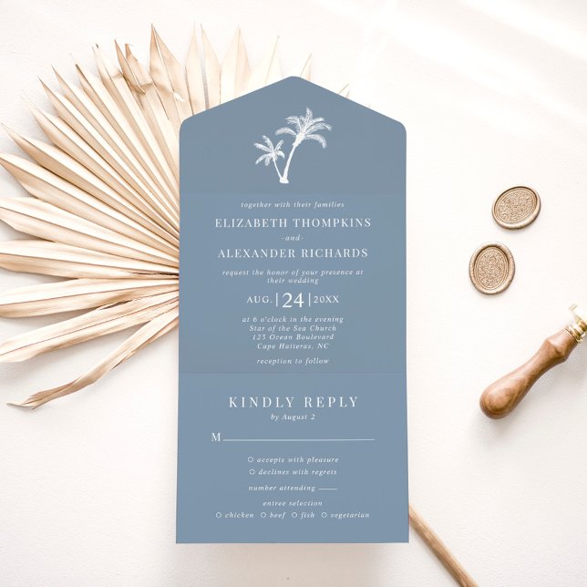 Palm Tree Dusty Blue Tropical Beach Wedding All In One Invitation (Creator Uploaded)