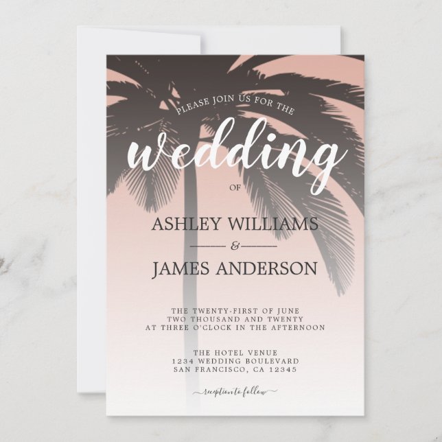 Palm Tree Dusty Pink Beach Wedding Invitation (Front)