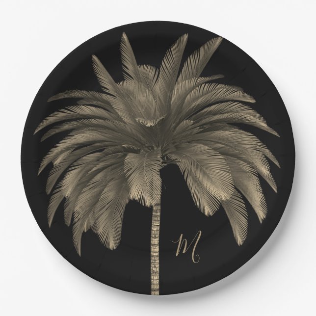 Palm Tree Elegant Retro Chic Black Paper Plate (Front)