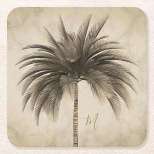 Palm Tree Elegant Retro Chic Marble  Square Paper Coaster