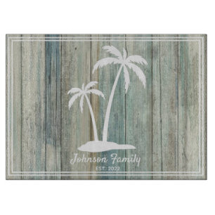 Palm Tree Family Name & Year Rustic Wood Beach  Cutting Board