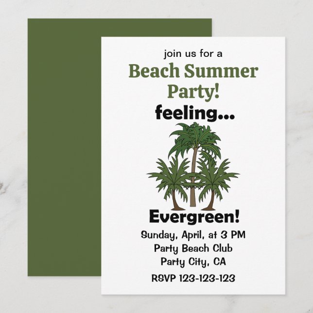 Palm Tree Feeling Evergreen Beach Summer Party Invitation (Front/Back)
