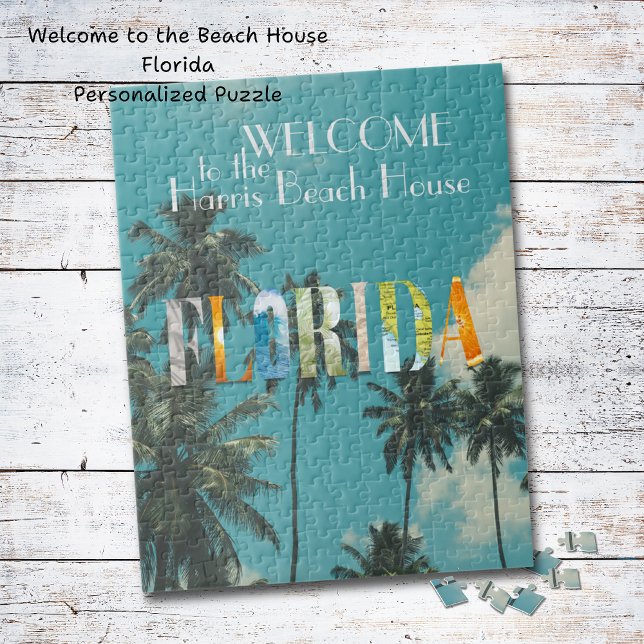 Palm Tree Florida Beach House Jigsaw Puzzle (Personalized puzzle. Perfect for the beach house, Florida home or makes a fun gift! Seal to hang!)