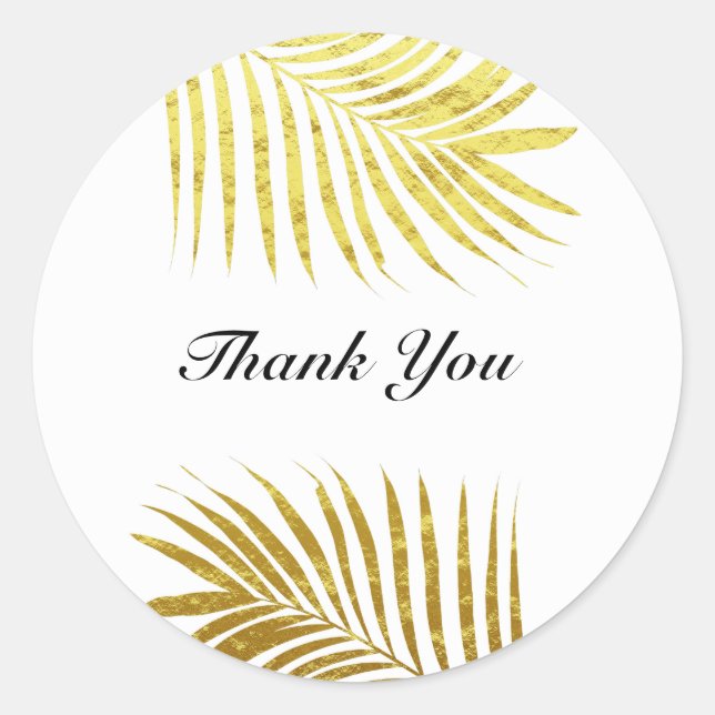 Palm Tree Foliage Gold Foil Leaf Wedding Thank You Classic Round Sticker (Front)