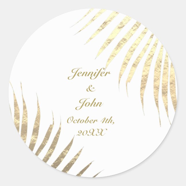 Palm Tree Foliage Gold Foil Leaves Weddings Trendy Classic Round Sticker (Front)