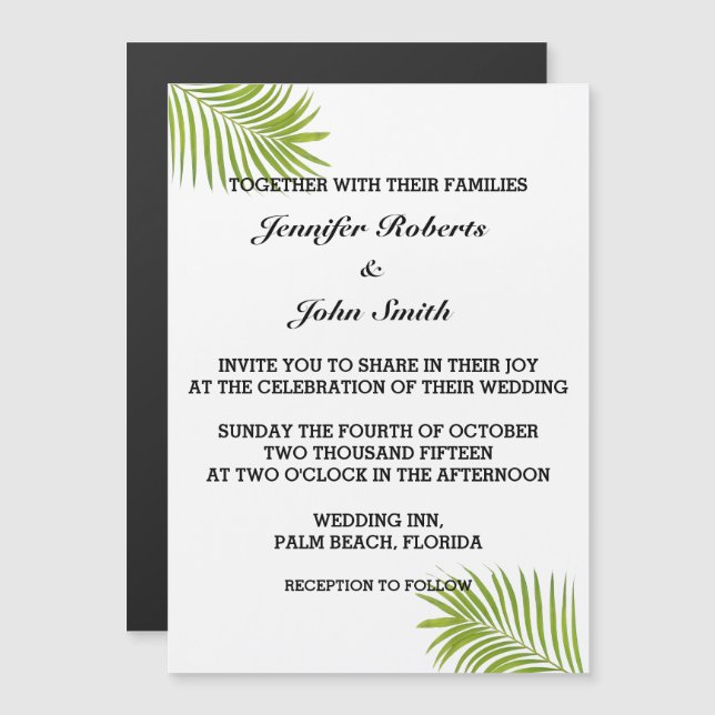 Palm Tree Foliage Green Watercolor Leaves Wedding Magnetic Invitation (Front/Back)