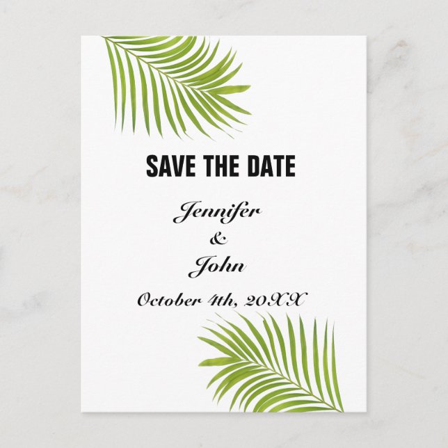 Palm Tree Foliage Green Watercolor Leaves Wedding Postcard (Front)