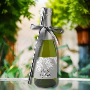 Palm Tree Fronds on Silver Mini Sparkling Wine Label