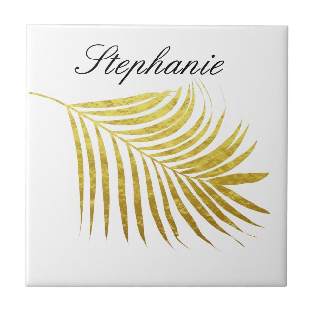 Palm Tree Gold Foil Leaves Name Unique Glittery Tile (Front)