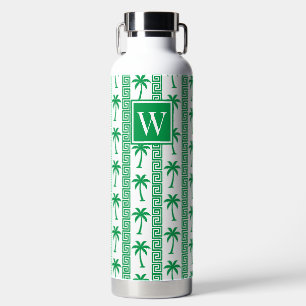 Palm Tree Greek Key Stripe – Green Coastal Preppy Water Bottle