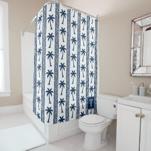 Palm Tree Greek Key Stripe – Navy Coastal Preppy Shower Curtain