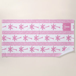 Palm Tree Greek Key Stripe – Pink Coastal Preppy Beach Towel