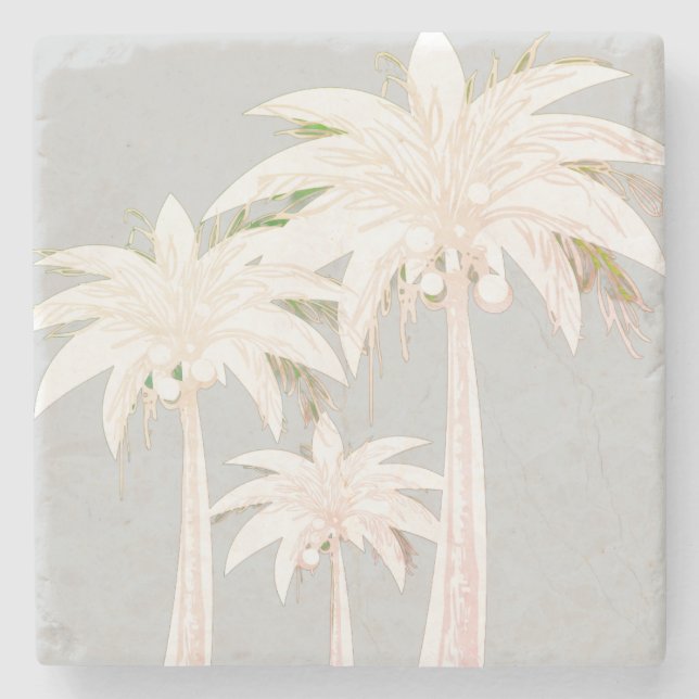 Palm Tree Grey Green White Modern Tropical Stone Coaster (Front)