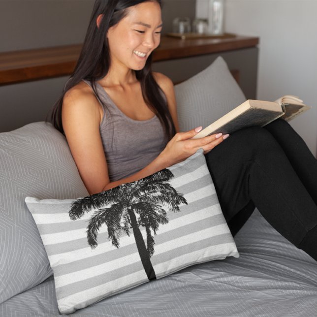 Palm Tree Grey Striped Tropical Exotic Designer Decorative Cushion (Creator Uploaded)