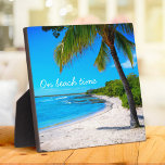 Palm Tree Hawaii Sandy Beach Photo "On Beach Time" Plaque<br><div class="desc">“On beach time.” Rewind back to memories of lazy, tropical beach days whenever you gaze at this inspirational Hawaii vacation tabletop plaque of a lone palm tree on a sandy, crescent beach, with clear turquoise blue skies and water. Great for any room in your house! You can easily personalize this...</div>