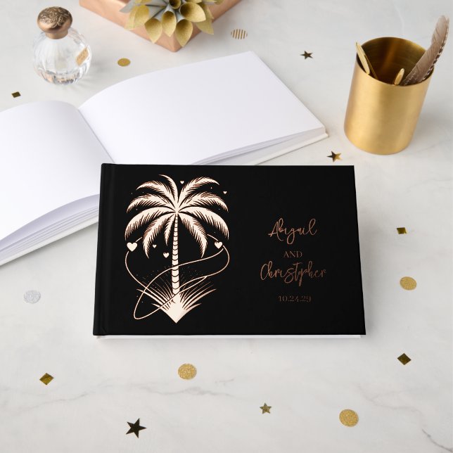 Palm Tree Hearts Wedding Guest Book (Front Open)