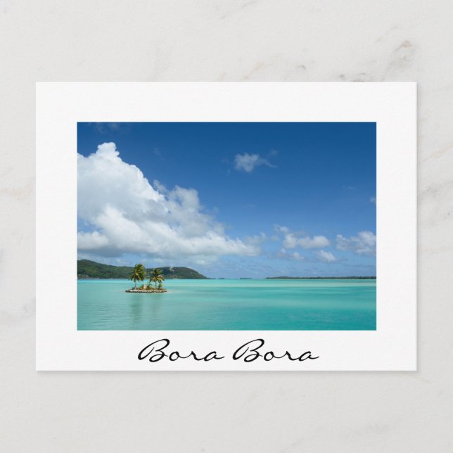 Palm tree in Bora Bora lagoon white text postcard (Front)