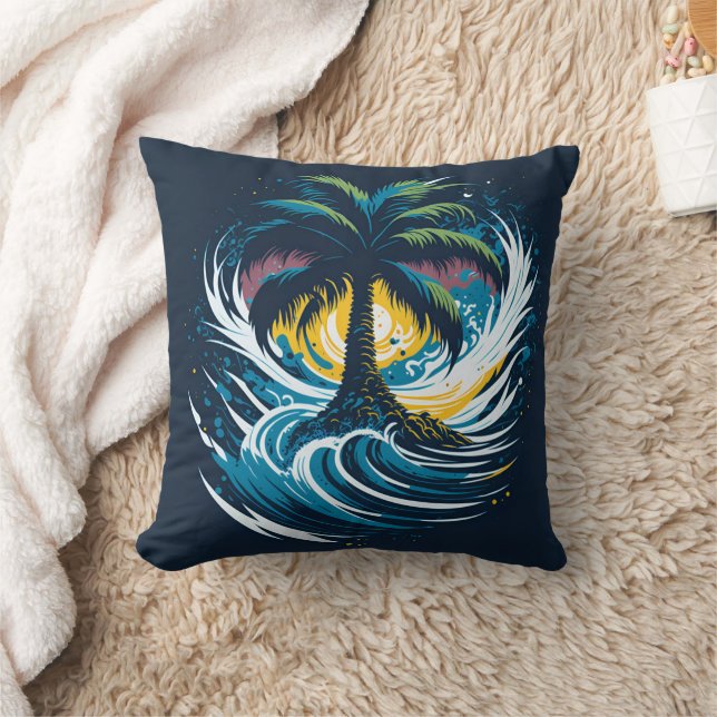 Palm tree in painting style with sea wave cushion (Blanket)