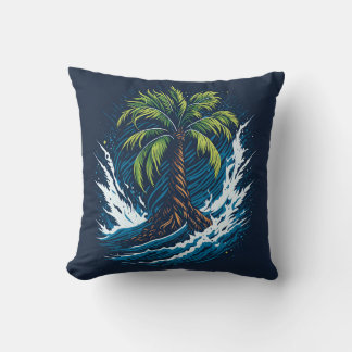 Palm tree in painting style with sea wave cushion