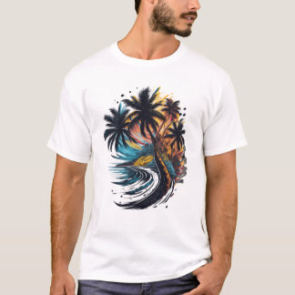 Palm tree in painting style with sea wave T-Shirt