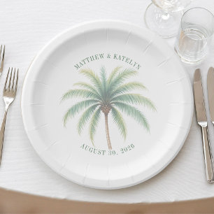 Palm Tree Island Destination Green Wedding Paper Plate