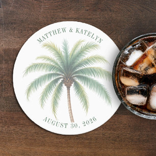 Palm Tree Island Destination Green Wedding Round Paper Coaster