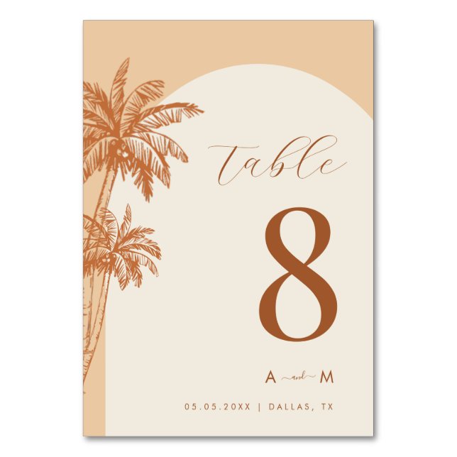 Palm Tree Ivory Classic Monogram Beach Wedding  Table Number (Front)