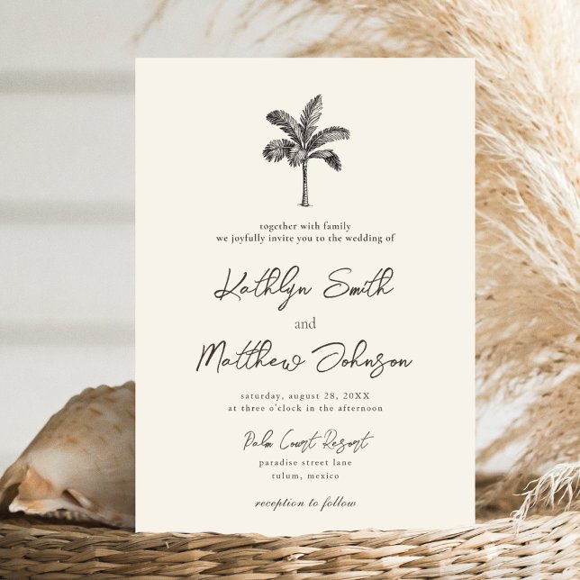 Palm Tree Ivory Minimalist Destination Wedding Invitation (Creator Uploaded)