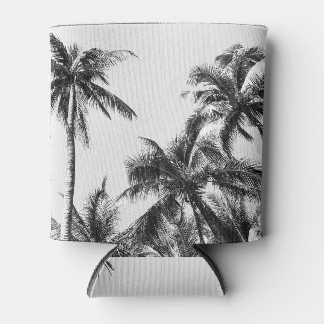 Palm Tree Leaf Black White Can Cooler (Front)