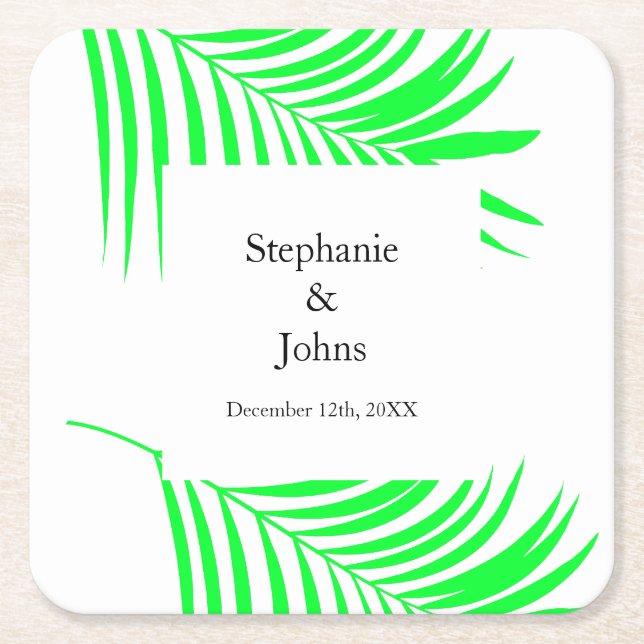 Palm Tree Leaf Green Leaves Elegant Wedding Square Paper Coaster (Front)