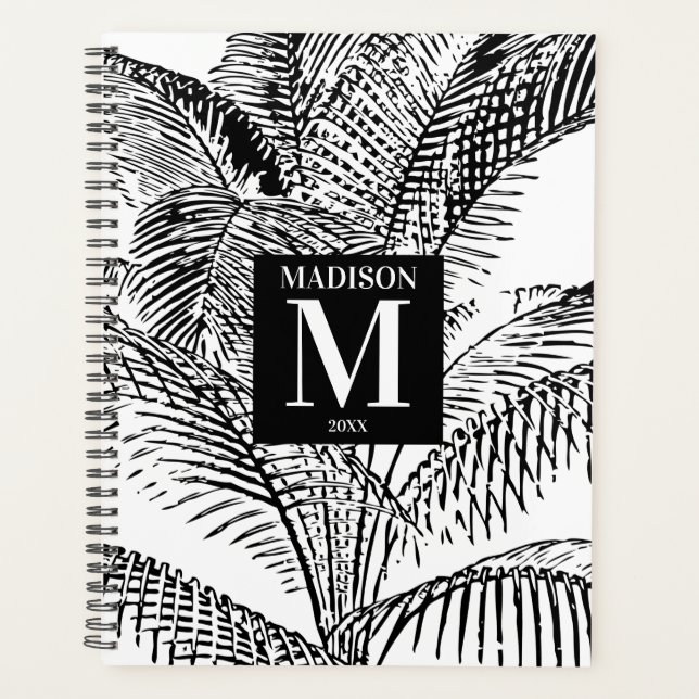 Palm Tree Leaves Black & White Abstract Monogram  Planner (Front)