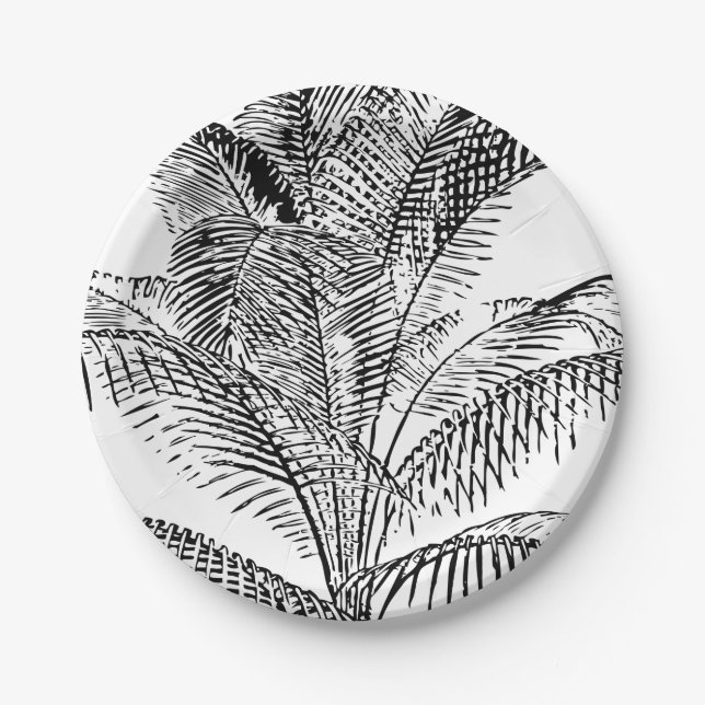 Palm Tree Leaves Black & White Abstract Pattern Paper Plate (Front)